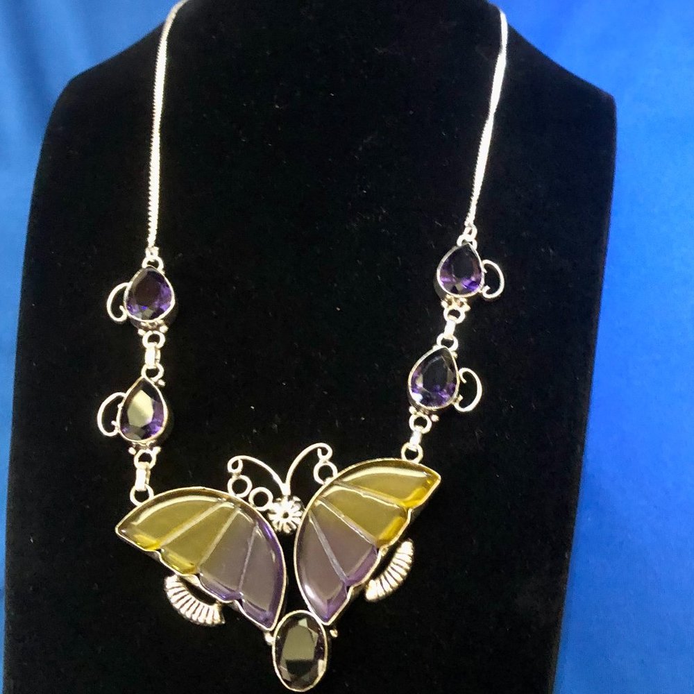 Lovely Natural Ametrine Butterfly 925 Sterling Silver Plated Necklace of 19"